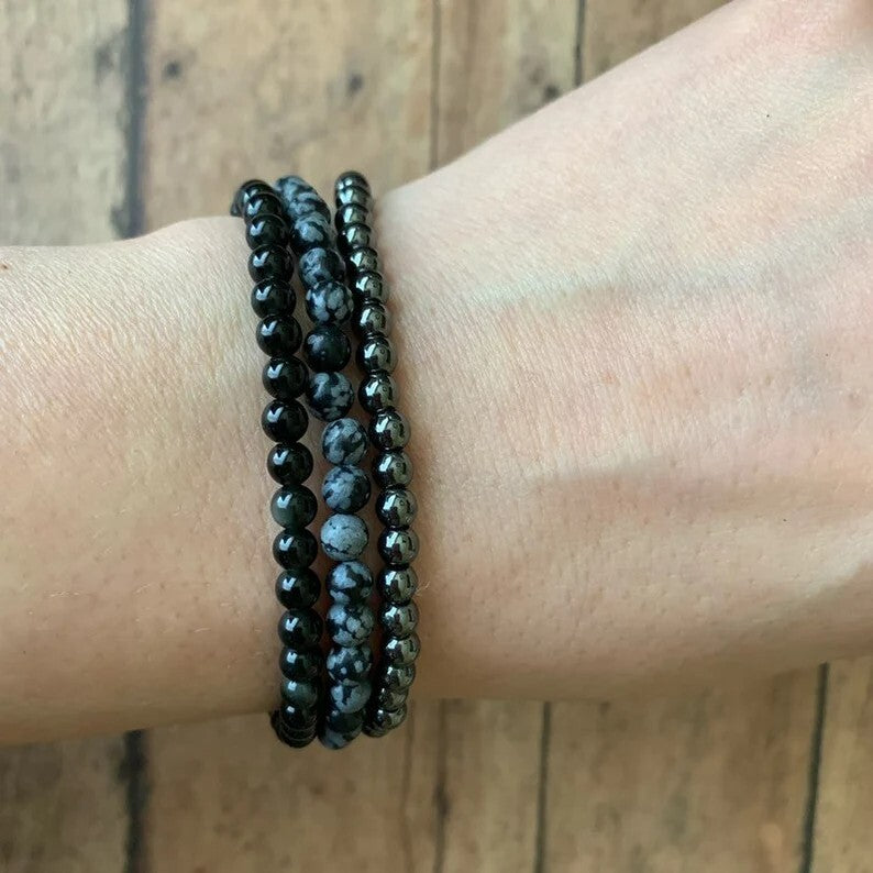 Natural Snowflake Obsidian 4mm Beads Healing Gemstone Women Men Bracelet Gift