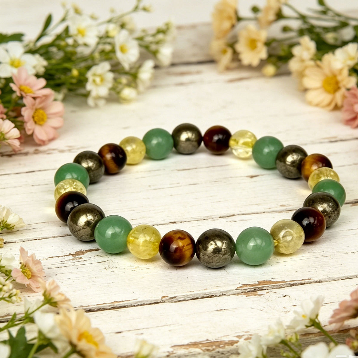 Tiger Eye Green Aventurine Citrine Pyrite Beaded 8mm Stretch Lucky Bracelet Gift