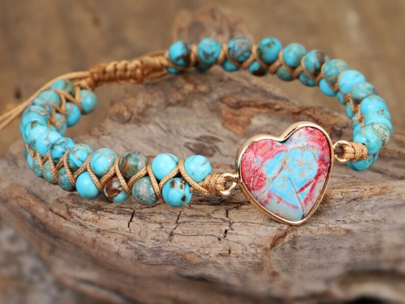 Handmade Heart Natural Gemstone Sea Sediment Healing Chakra Women Bracelet Gifts