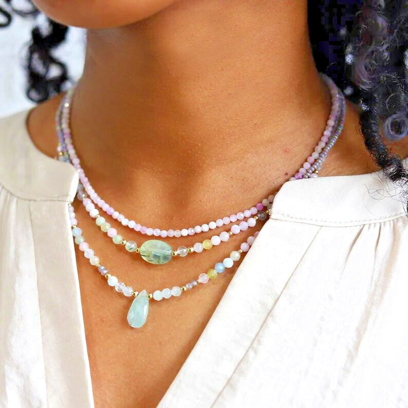 Kunzite Stone Beaded Choker Healing Women Purple Dainty Necklace for Divine Love