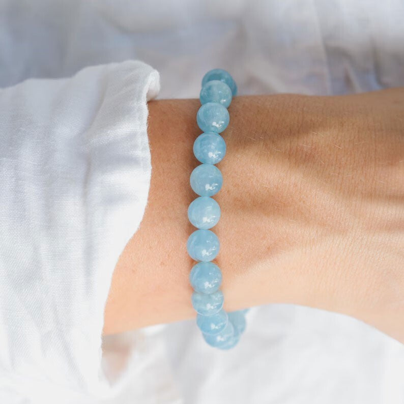 Aquamarine 8mm Round Bead Bracelet Crystal Blue Stone Bracelet for Healing Reiki