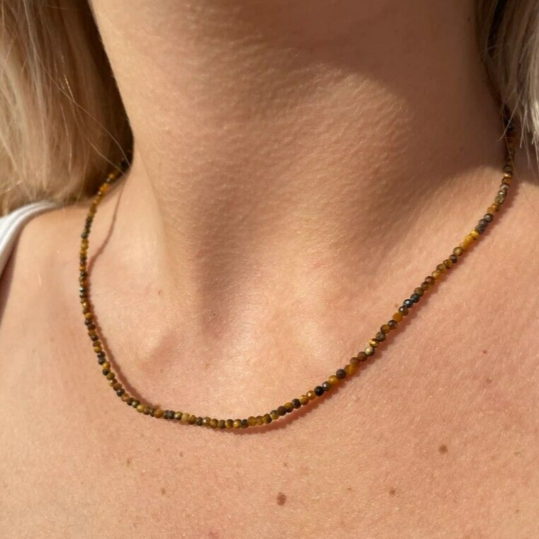 Natural Tiger's Eye 2mm Beaded Choker Healing Confidence Women Necklace Gift