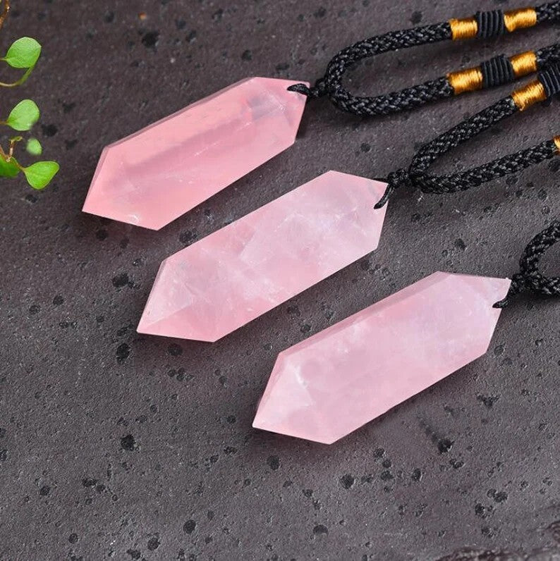 Rose Quartz Crystal Hexagonal Point Pendant Healing Balance Women Necklace Gifts