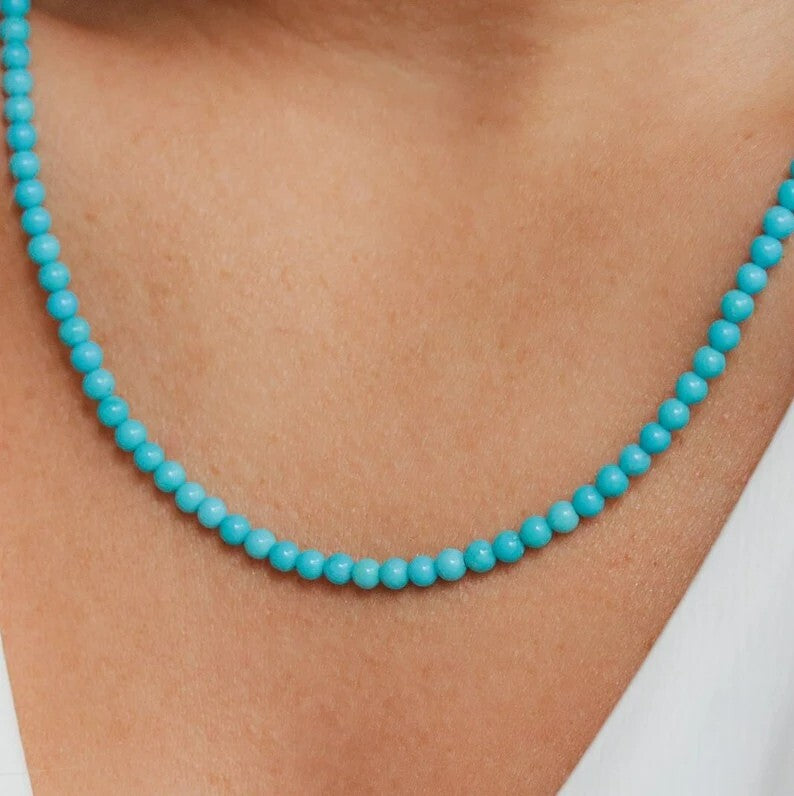 Gemstone Beaded Choker Natural Blue Turquoise 3mm Beads Healing Women Necklace