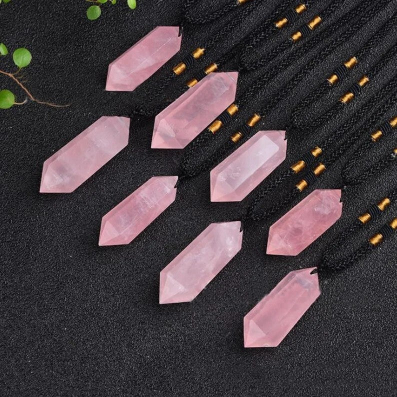 Rose Quartz Crystal Hexagonal Point Pendant Healing Balance Women Necklace Gifts