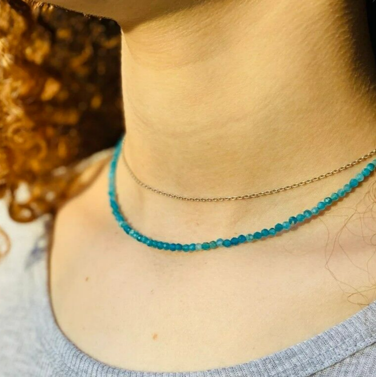 Tiny Gemstone Beaded Choker Apatite Beads Healing Reiki Women Crystal Necklace