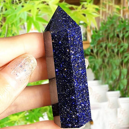 Blue Goldstone Healing Crystal Wand Tower Point Home Office Decor Ornament Gifts