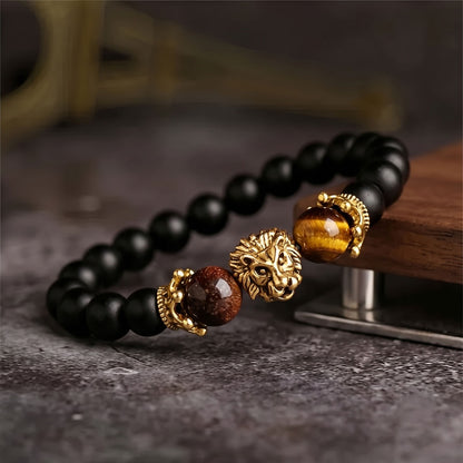 Tiger Eye Black Onyx Beaded Lion Charm Stretch Healing Strength Bracelet for Men