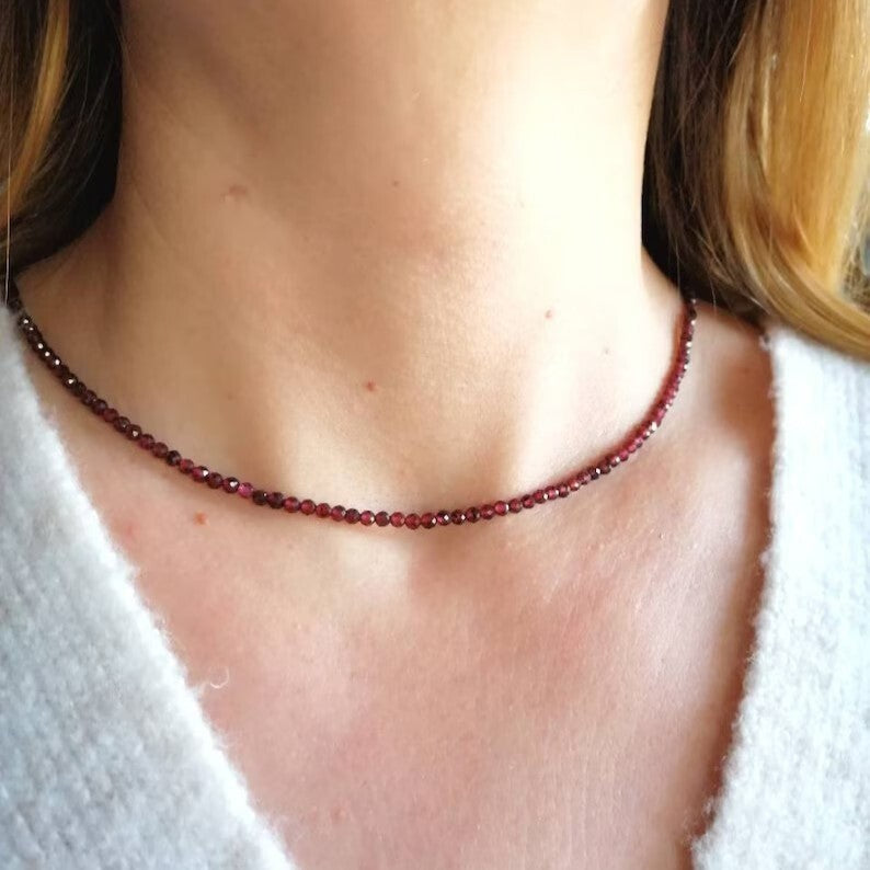Red Garnet Beaded Choker Healing Dainty Women Crystal Summer Boho Necklace Gift