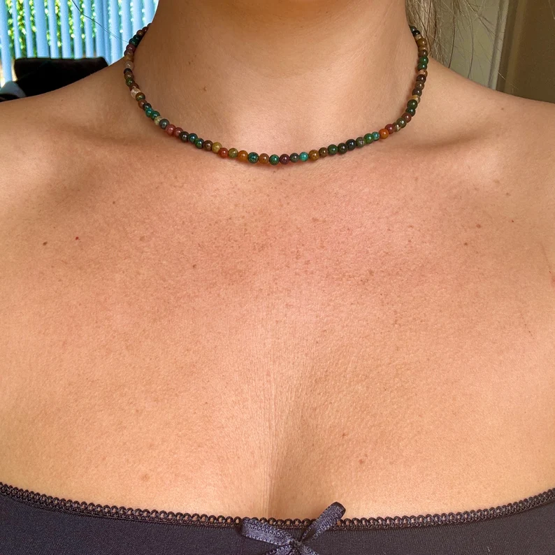 Ocean Jasper 4mm Beaded Choker Healing Dainty Women Boho Style Crystal Necklace