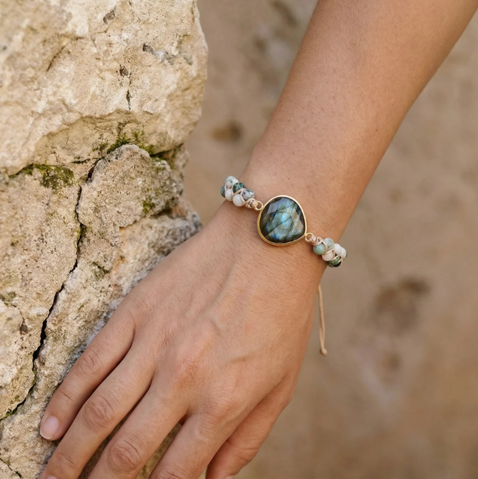 Natural Labradorite Moss Agate Beaded Stone Healing Calming Women Bracelet Gift