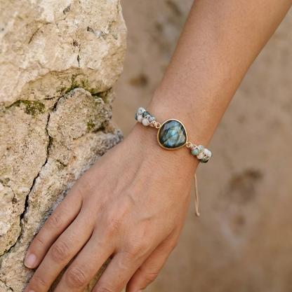 Natural Labradorite Moss Agate Beaded Stone Healing Calming Women Bracelet Gift