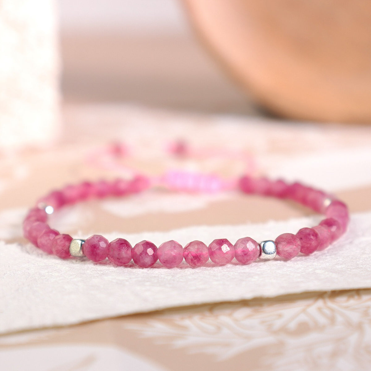 Minimalist Pink Tourmaline Beads Handmade Healing Balance Women Dainty Bracelet