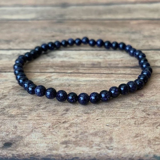 Women Blue Friendship Bracelet Goldstone 4mm Round Bead Healing Women Bracelet