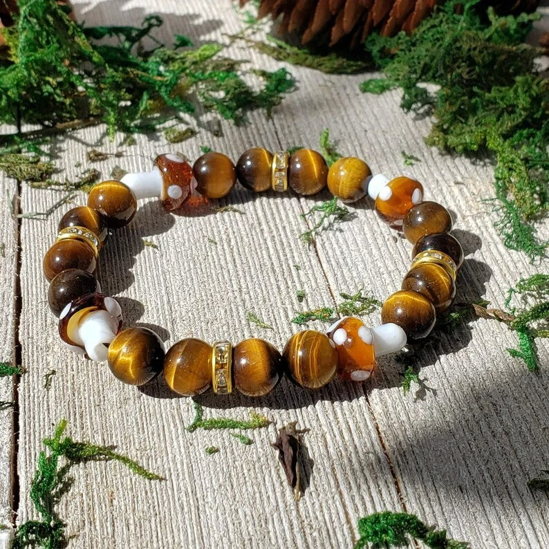 Mushroom Crystal Bracelet Tigers Eye Beaded Healing Anxiety Relief Bracelet Gift