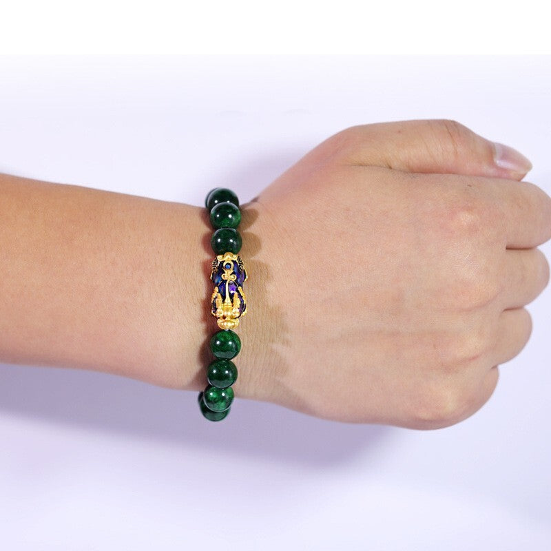 Natural Emerald 10MM Beads Pixiu Fengshui Wealth Luck Men Strength Bracelet Gift