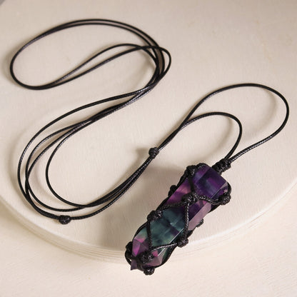 Genuine Rainbow Fluorite Crystal Hexagonal Point Pendant Healing Reiki Necklace