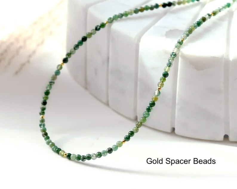 Moss Agate Tiny 3mm Bead Choker Healing Dainty Minimalist Women Crystal Necklace