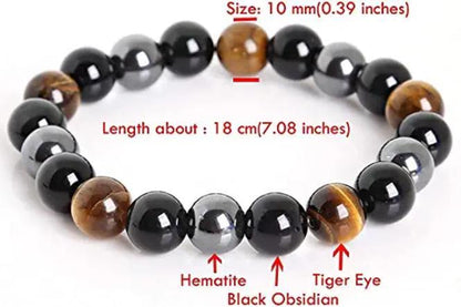 10mm Round Beads Triple Protection Tiger Eye Obsidian Hematite Stretch Bracelet