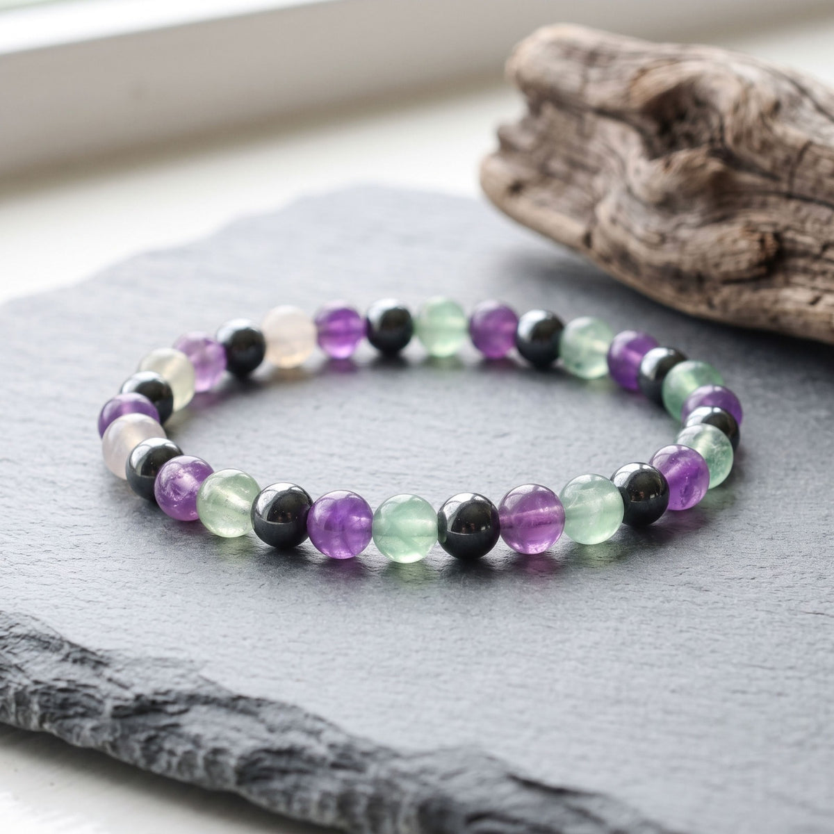 Amethyst Fluorite Hematite Bead Healing Intention Bracelet for Empath Protection