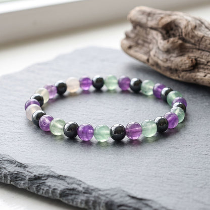 Amethyst Fluorite Hematite Bead Healing Intention Bracelet for Empath Protection