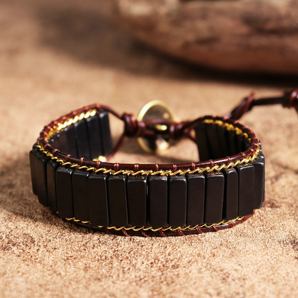 Natural Black Tourmaline Vintage Handmade Leather Healing Women's Men's Bracelet