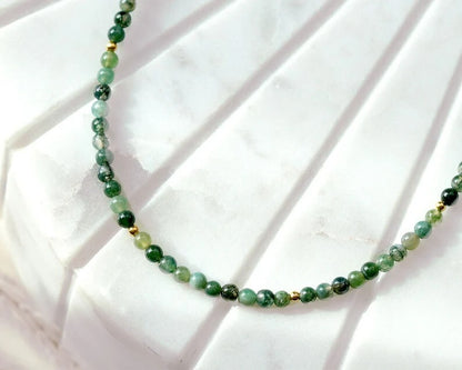 Moss Agate Tiny 3mm Bead Choker Healing Dainty Minimalist Women Crystal Necklace