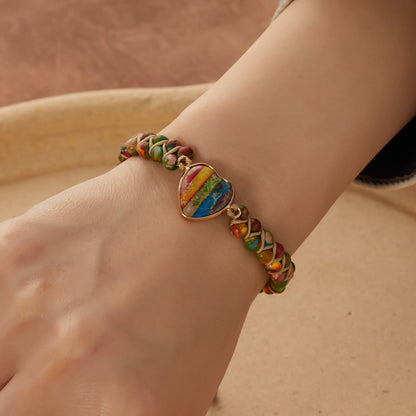 7 Chakra Handmade Braided Heart Charm Sea Sediment Healing Reiki Bracelet Gifts