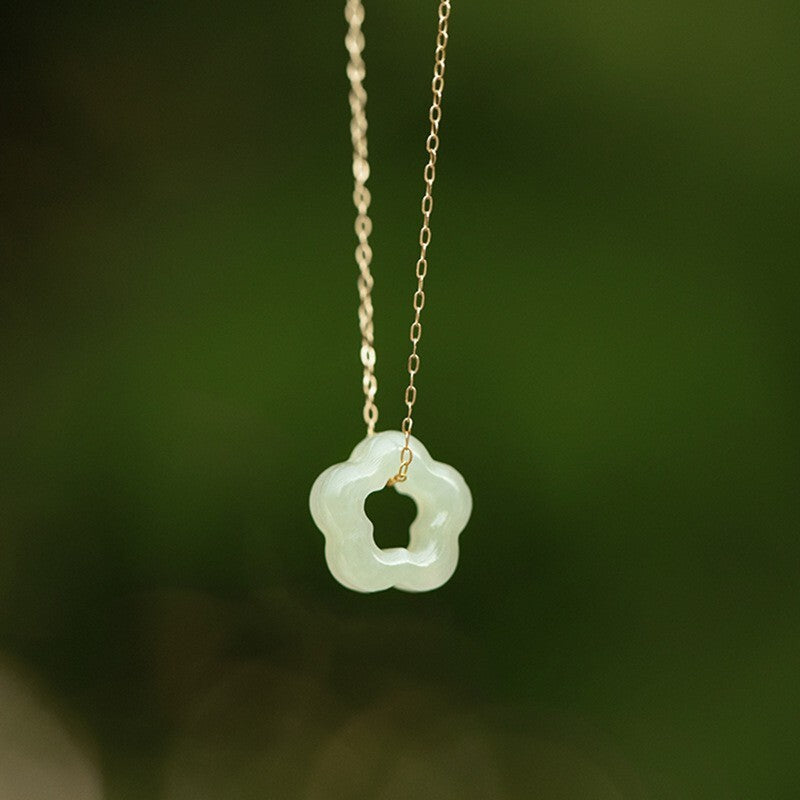 Hetian Green Jade Flower Pendant Healing Dainty Delicate Women Necklace Gifts