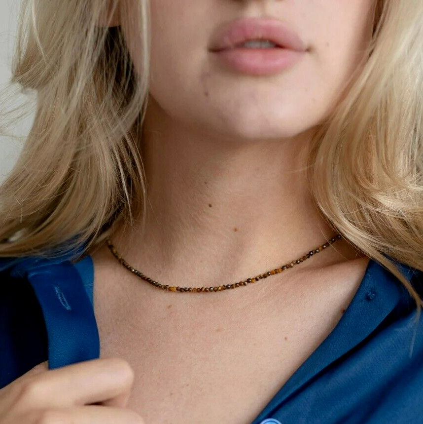 Natural Tiger's Eye 2mm Beaded Choker Healing Confidence Women Necklace Gift