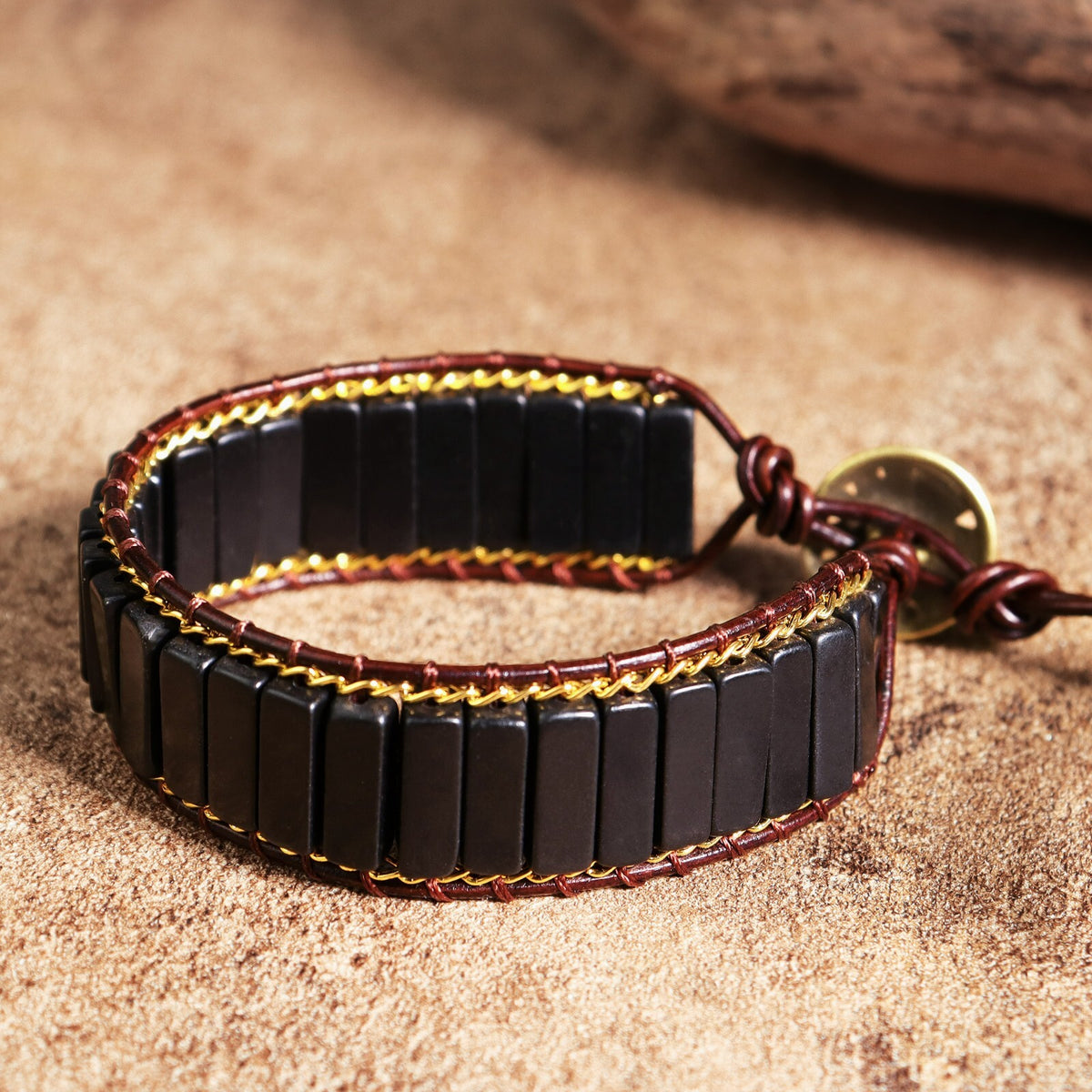 Natural Black Tourmaline Vintage Handmade Leather Healing Women's Men's Bracelet