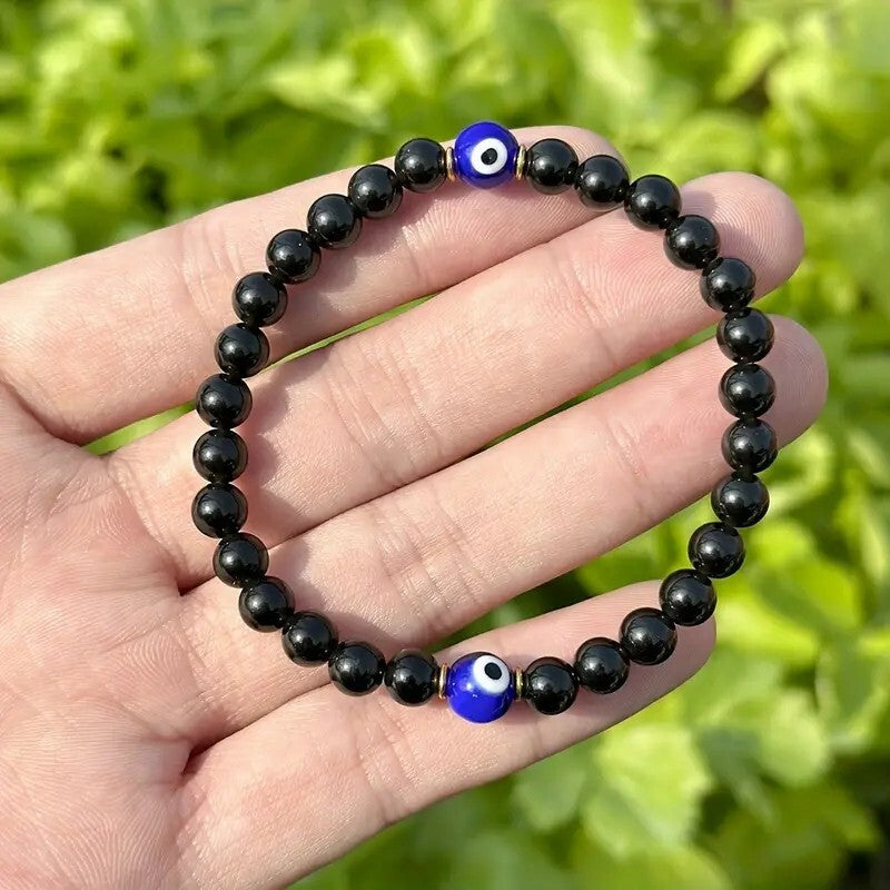 Black Tourmaline Beaded Blue Evil Eye Healing EMF Protection Stone Bracelet Gift
