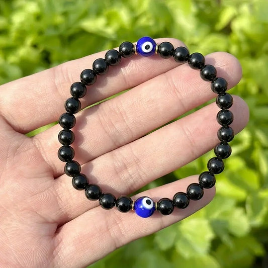 Black Tourmaline Beaded Blue Evil Eye Healing EMF Protection Stone Bracelet Gift