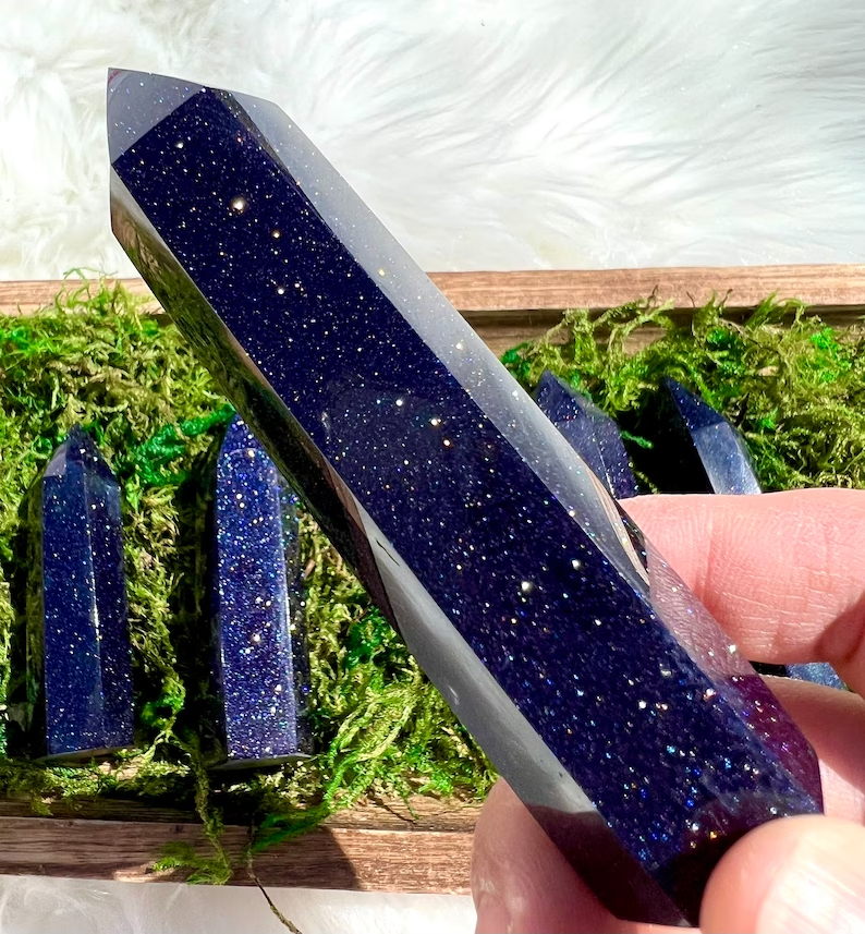 Blue Goldstone Healing Crystal Wand Tower Point Home Office Decor Ornament Gifts