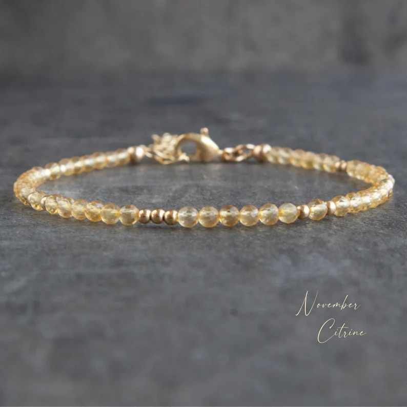 Natural Citrine 2mm Beads Slim Simple Dainty Minimalist Bracelet Healing Calming