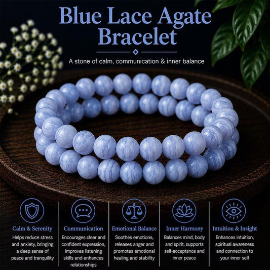 Blue Lace Agate 8mm Beaded Healing Inner Peace Peaceful Stretch Bracelet Gift