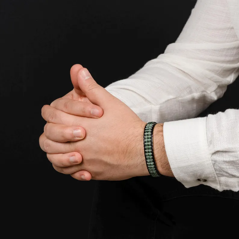 Aventurine Crystal Leather Men's Bracelet Bangle Magnetic Clasp Bracelet