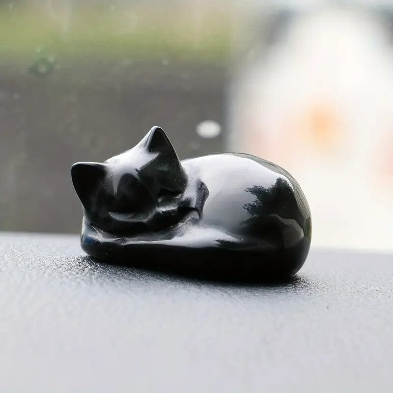 2 Pcs/set Opal & Obsidian Sleeping Cat, Hand Carved, Home Decor, Healing Crystal