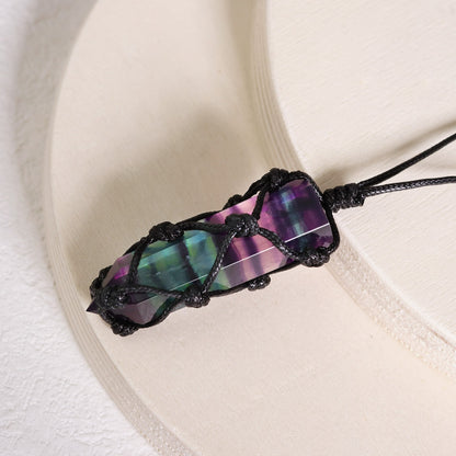 Genuine Rainbow Fluorite Crystal Hexagonal Point Pendant Healing Reiki Necklace