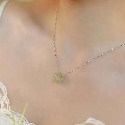 Hetian Green Jade Flower Pendant Healing Dainty Delicate Women Necklace Gifts