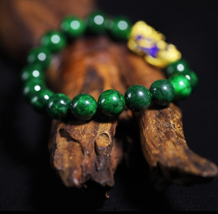 Natural Emerald 10MM Beads Pixiu Fengshui Wealth Luck Men Strength Bracelet Gift