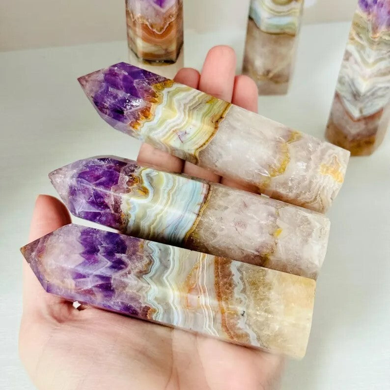 Natural Crystal Tower Wand Amethyst Lace Agate Obelisk Healing Collection Gift