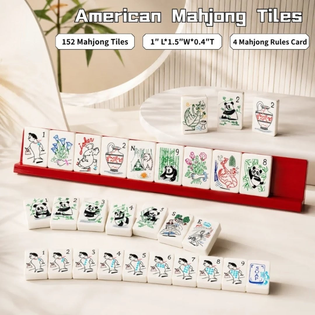 Panda & Bamboo American Mahjong Set 152 Single-Layer White Acrylic Tiles