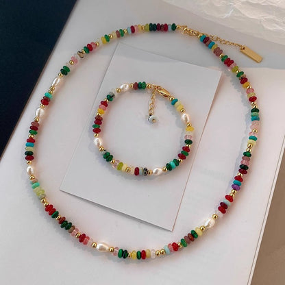 Premium Assorted Gemstone Pearl Rainbow Summer Necklace Bracelet Set for Women
