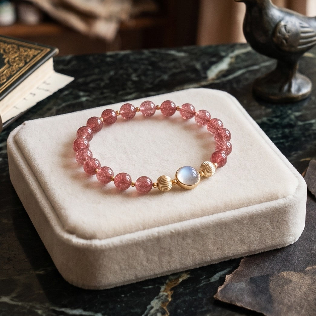 6mm Moonstone Strawberry Quartz Beads Healing Unconditional love Women Bracelet