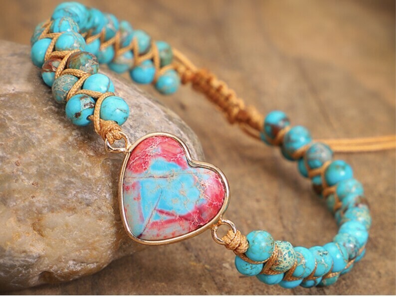 Handmade Heart Natural Gemstone Sea Sediment Healing Chakra Women Bracelet Gifts