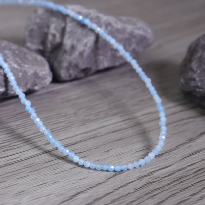Blue Aquamarine Tiny 2mm Beaded Choker Healing Delicate Women Crystal Necklace