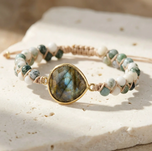 Natural Labradorite Moss Agate Beaded Stone Healing Calming Women Bracelet Gift