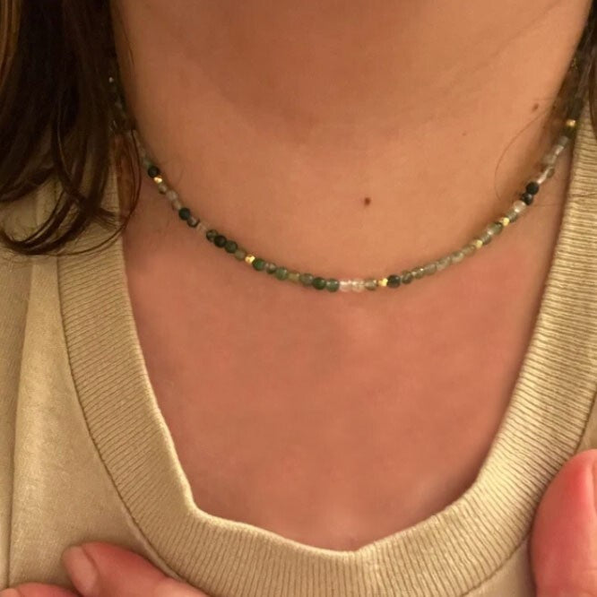 Moss Agate Tiny 3mm Bead Choker Healing Dainty Minimalist Women Crystal Necklace