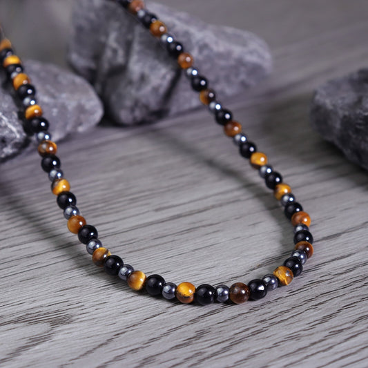 Triple Protection Tiger Eye Obsidian Hematite Beaded Women Men's Choker Necklace